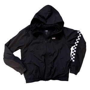 Vans Mens Black Checkerboard Sleeve Hooded Windbreaker Jacket Medium Skater